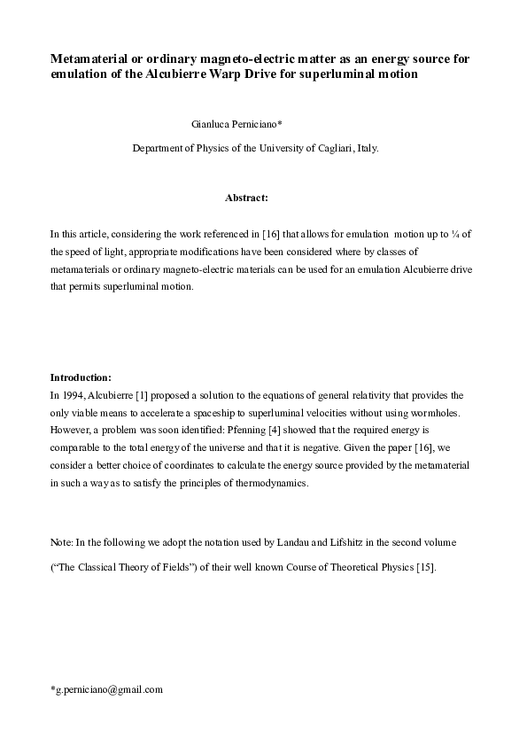 Metamaterial or ordinary magneto-electric matter as an energy source for emulation of the Alcubierre Warp Drive for superluminal motion