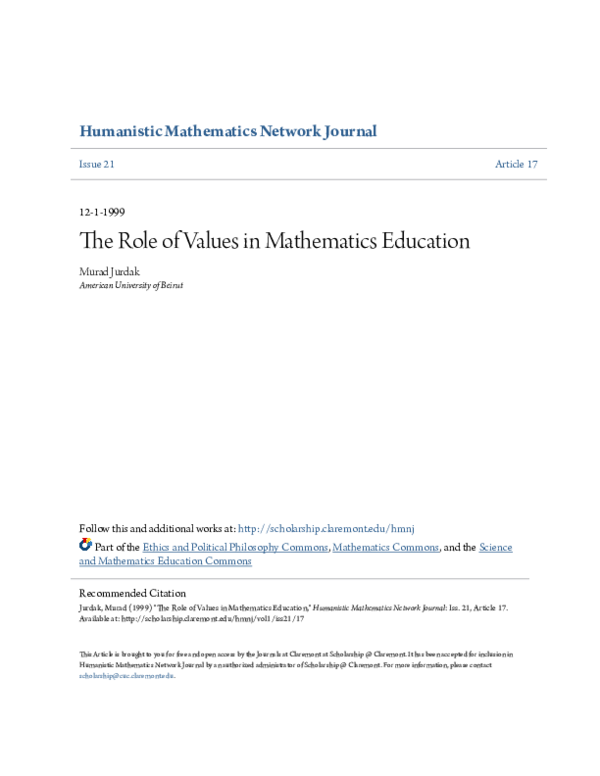 (PDF) The Role of Values in Mathematics Education