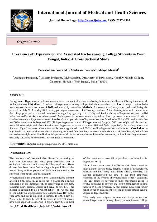 (PDF) Prevalence of Hypertension and Associated Factors among College ...