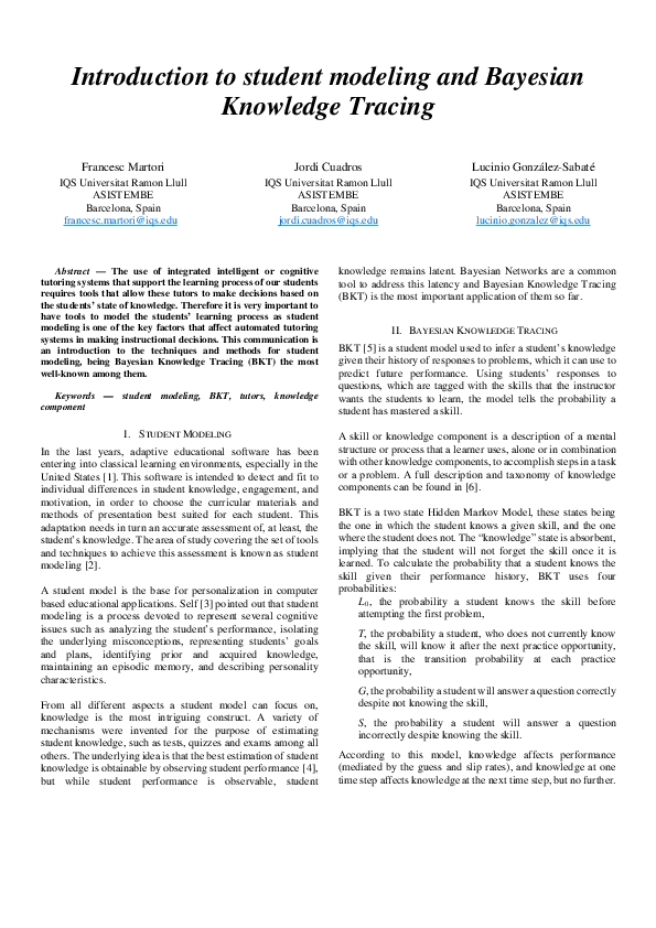 (PDF) Introduction to student modeling and Bayesian Knowledge Tracing
