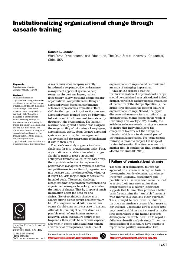 (PDF) Institutionalizing organizational change through cascade training