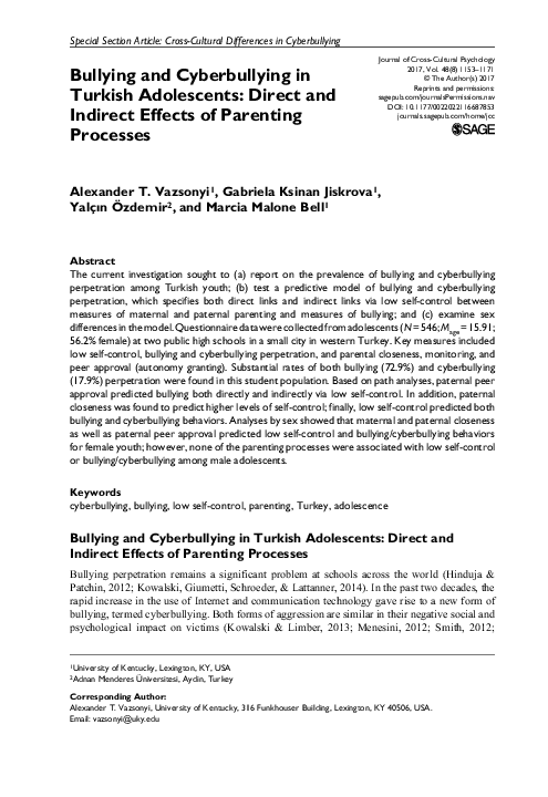 (PDF) Bullying and Cyberbullying in Turkish Adolescents: Direct and ...