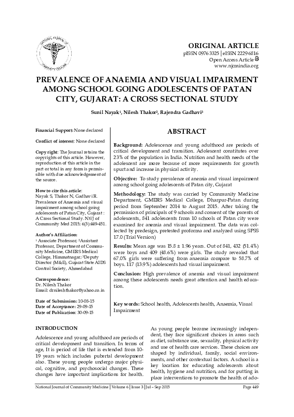 (PDF) PREVALENCE OF ANAEMIA AND VISUAL IMPAIRMENT AMONG SCHOOL GOING ...