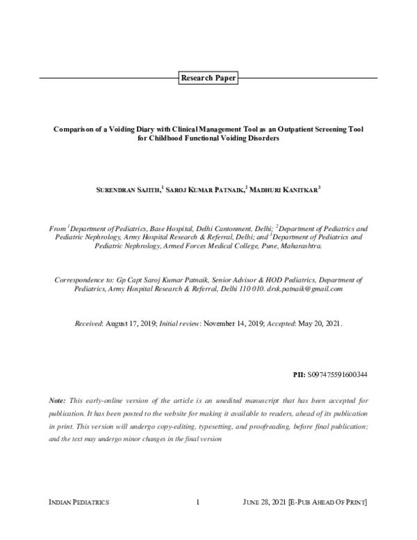 (PDF) Comparison of a Voiding Diary With Clinical Management Tool As an ...