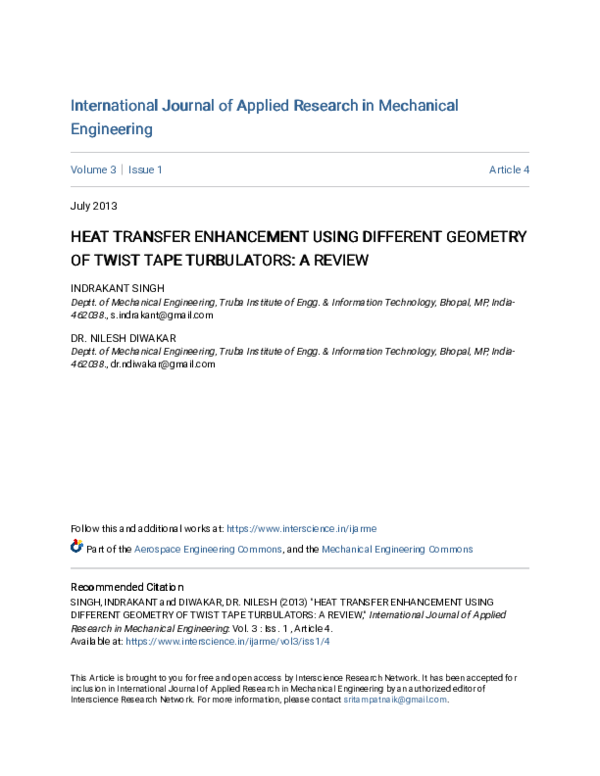 (PDF) Heat Transfer Enhancement Using Different Geometry of Twist Tape ...