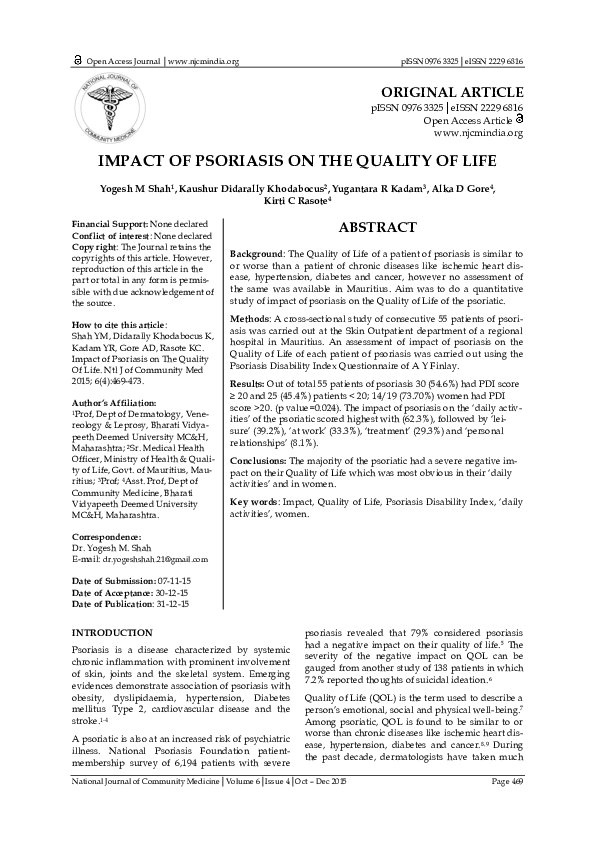 (PDF) IMPACT OF PSORIASIS ON THE QUALITY OF LIFE