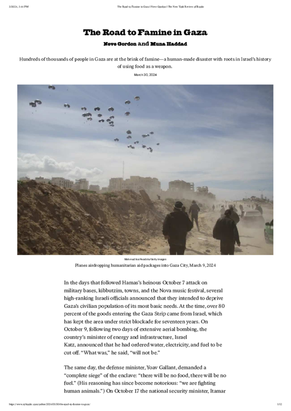 (PDF) The Road to Famine in Gaza Neve Gordon The New York Review of Books