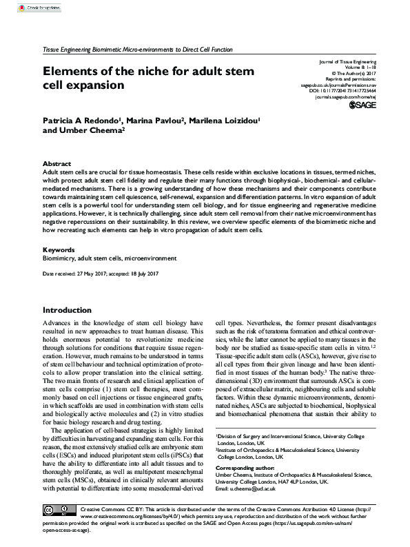 (PDF) Elements of the niche for adult stem cell expansion