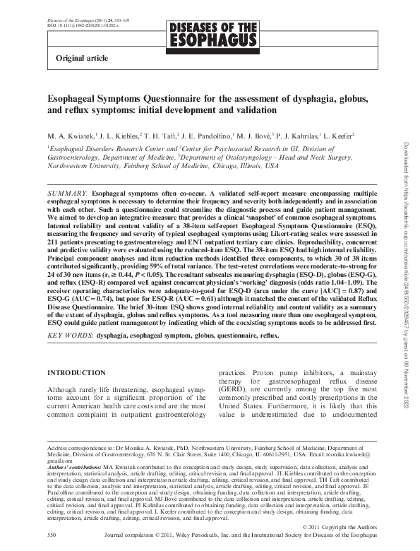 (PDF) Esophageal Symptoms Questionnaire for the assessment of dysphagia ...