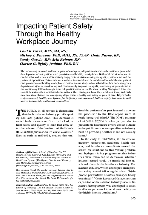 (PDF) Impacting Patient Safety Through the Healthy Workplace Journey
