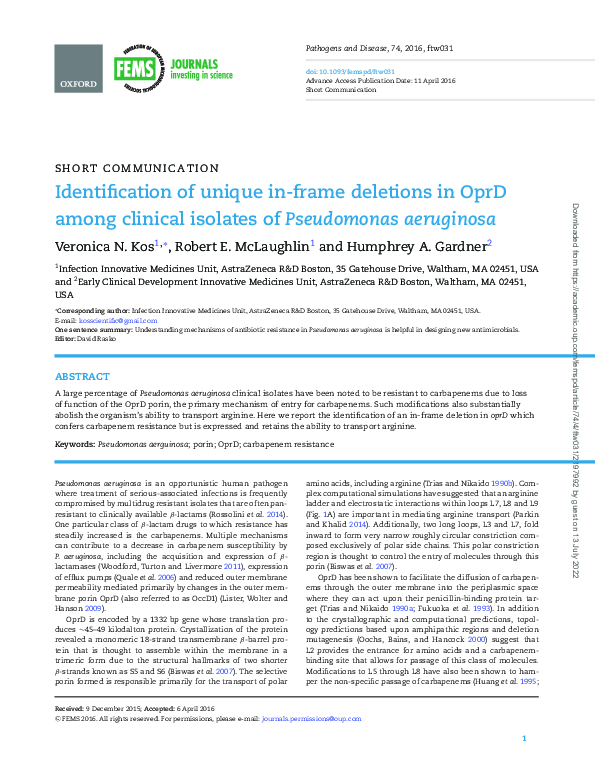 (PDF) Identification of unique in-frame deletions in OprD among ...