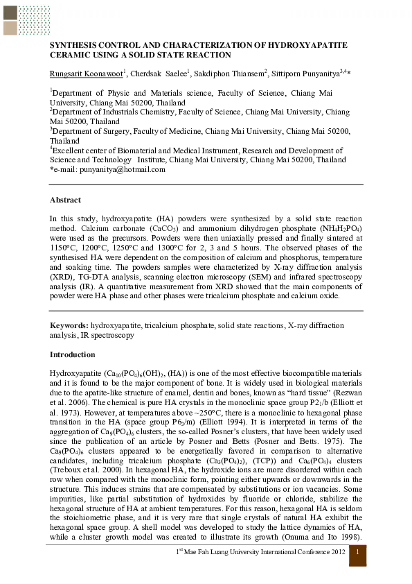 (PDF) Synthesis Control and Characterization of Hydroxyapatite Ceramic ...