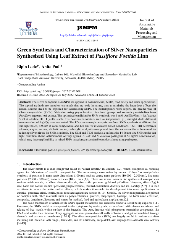 (PDF) Green Synthesis and Characterization of Silver Nanoparticles ...