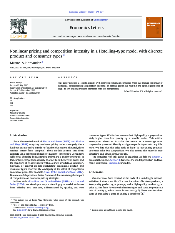 (PDF) Nonlinear pricing and competition intensity in a Hotelling-type ...