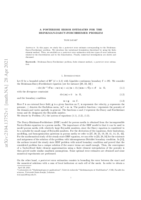 (PDF) A posteriori error estimates for the Brinkman-Darcy-Forchheimer ...