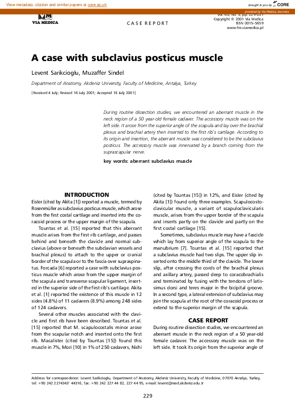 (PDF) A case with subclavius posticus muscle