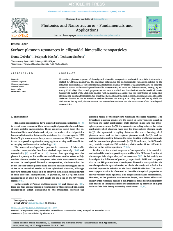 (PDF) Surface plasmon resonances in ellipsoidal bimetallic nanoparticles