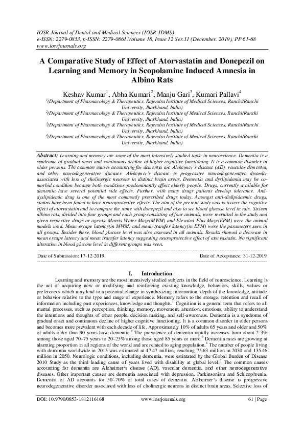 (PDF) A Comparative Study of Effect of Atorvastatin and Donepezil on ...