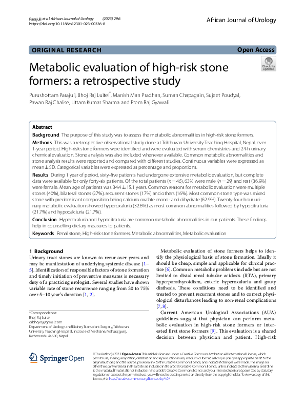(PDF) Metabolic evaluation of high-risk stone formers: a retrospective ...
