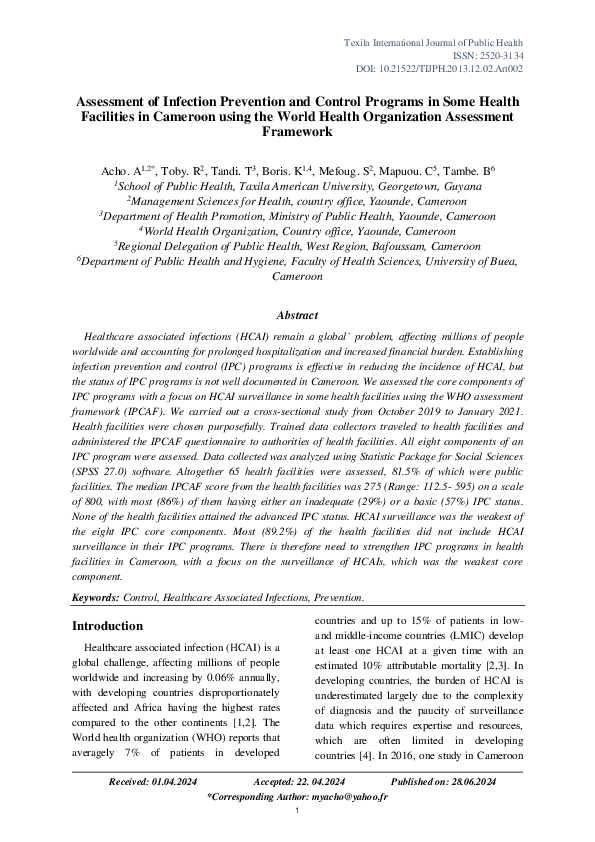 (PDF) Assessment of Infection Prevention and Control Programs in Some ...