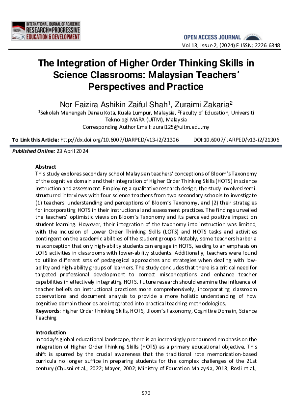 (PDF) The Integration of Higher Order Thinking Skills in Science ...