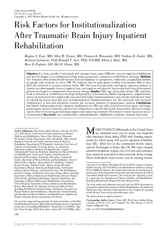 (PDF) Risk Factors for Institutionalization After Traumatic Brain ...