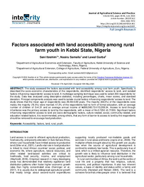 (PDF) Factors associated with land accessibility among rural farm youth ...