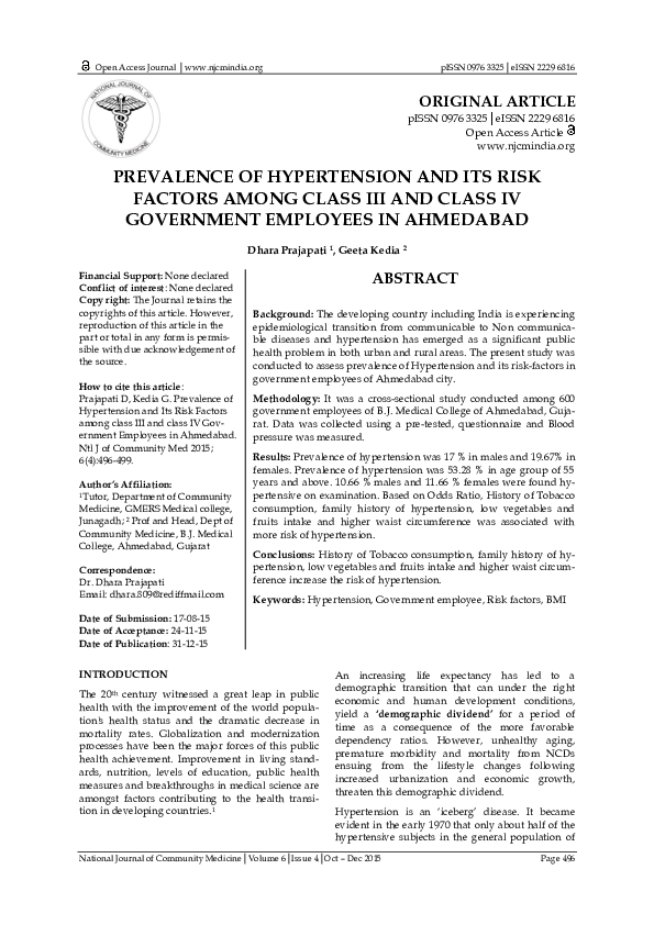 (PDF) PREVALENCE OF HYPERTENSION AND ITS RISK FACTORS AMONG CLASS III ...