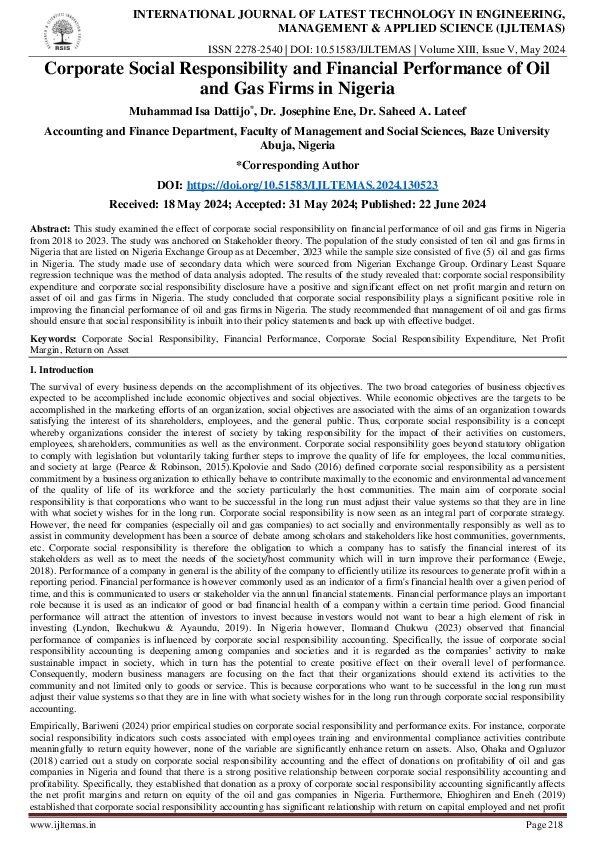 (PDF) Corporate Social Responsibility and Financial Performance of Oil ...