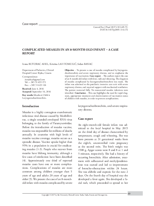 (PDF) Complicated measles in an 8-month old infant – a case report