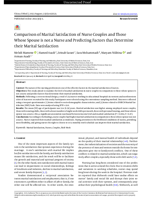 (PDF) Comparison of Marital Satisfaction of Nurse Couples and Those ...