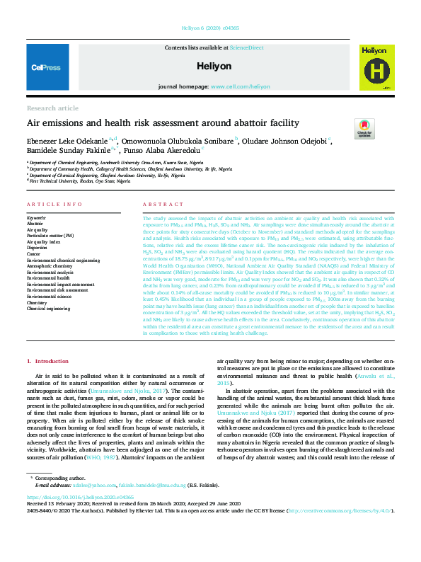 (PDF) Air emissions and health risk assessment around abattoir facility