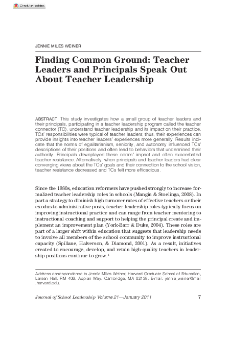 (PDF) Finding Common Ground: Teacher Leaders and Principals Speak Out ...