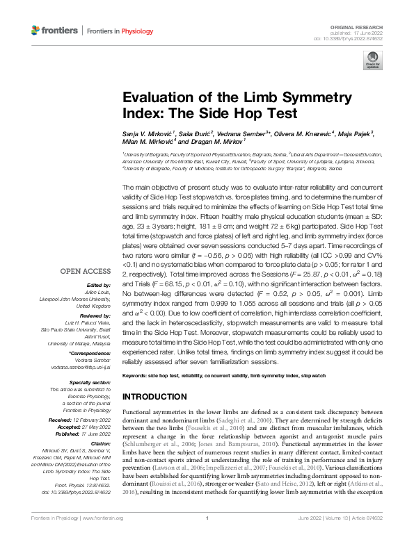 (PDF) Evaluation of the Limb Symmetry Index: The Side Hop Test | Sanja ...
