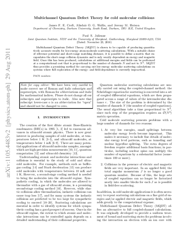 (PDF) Multichannel quantum defect theory for cold molecular collisions