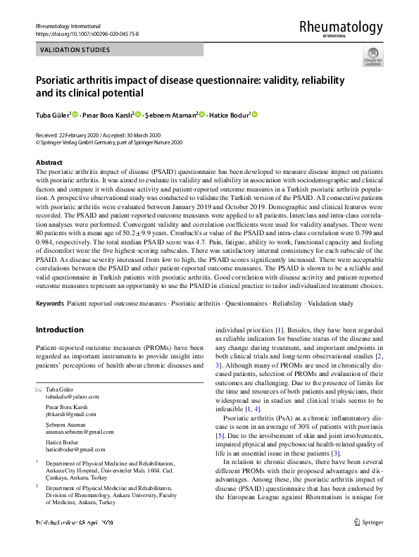 (PDF) Psoriatic arthritis impact of disease questionnaire: validity ...