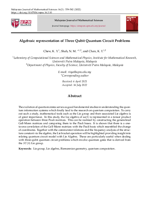 (PDF) Algebraic representation of Three Qubit Quantum Circuit Problems