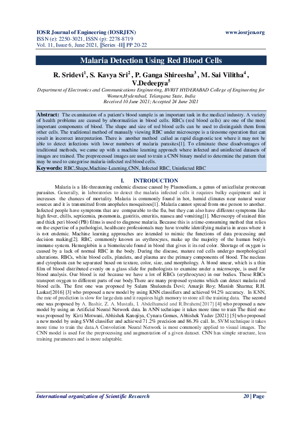 (PDF) Malaria Detection Using Red Blood Cells