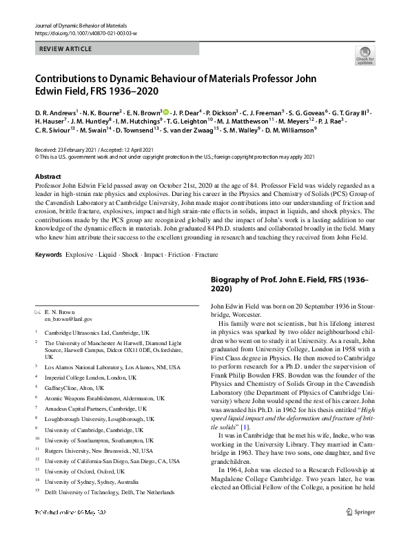 (PDF) Contributions to Dynamic Behaviour of Materials Professor John ...