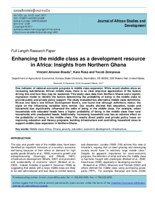 (PDF) Enhancing the middle class as a development resource in Africa ...