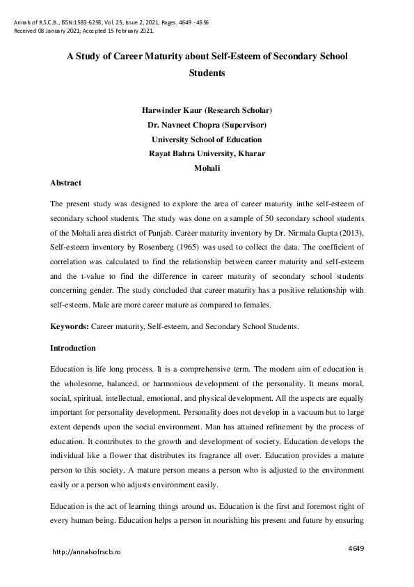 (PDF) A Study of Career Maturity about Self-Esteem of Secondary School ...