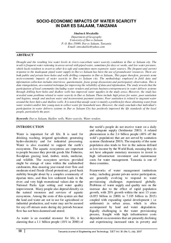 (PDF) Socio-Economic Impacts of Water Scarcity in Dar es Salaam, Tanzania