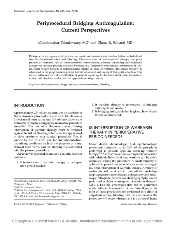 (PDF) Periprocedural Bridging Anticoagulation: Current Perspectives
