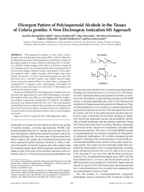 (PDF) Divergent pattern of polyisoprenoid alcohols in the tissues of ...