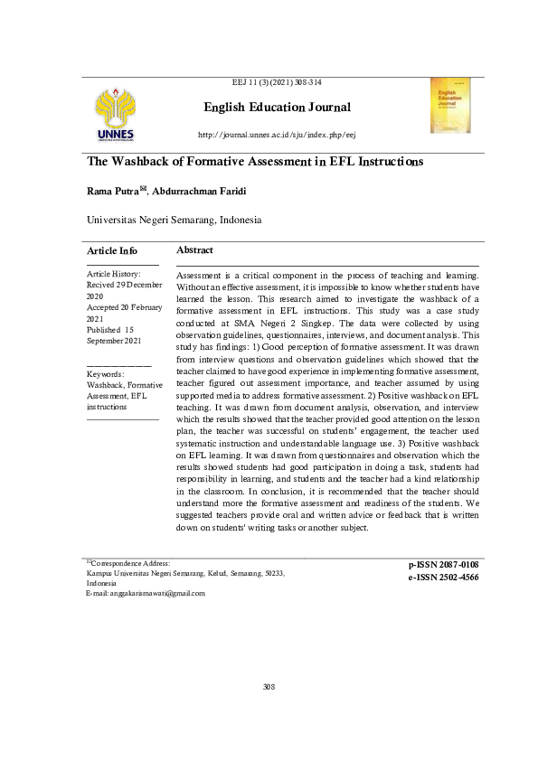 (PDF) The Washback of Formative Assessment in EFL Instructions