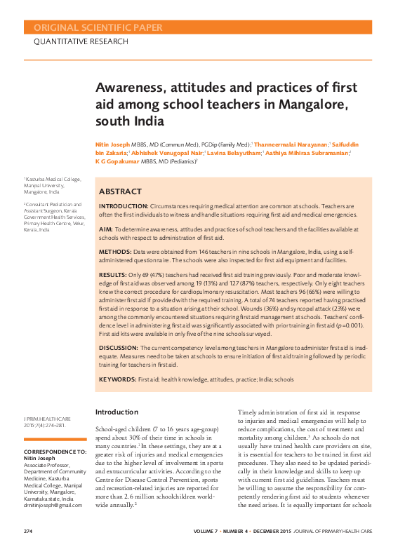 (PDF) Awareness, attitudes and practices of first aid among school ...