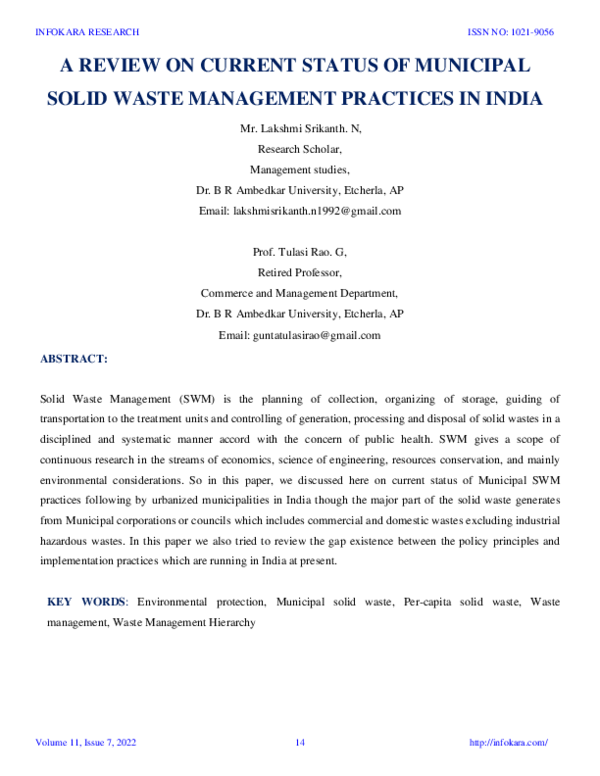 (PDF) A REVIEW ON CURRENT STATUS OF MUNICIPAL SOLID WASTE MANAGEMENT ...