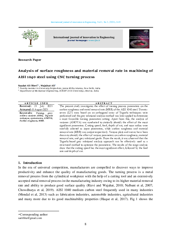 (PDF) Analysis of surface roughness and material removal rate in ...