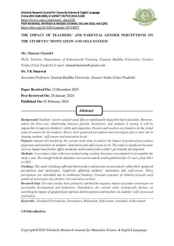 (PDF) THE IMPACT OF TEACHERS’ AND PARENTAL GENDER PERCEPTIONS ON THE ...