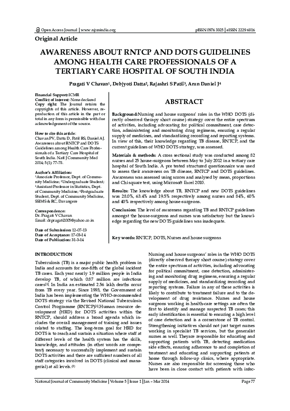 (PDF) AWARENESS ABOUT RNTCP AND DOTS GUIDELINES AMONG HEALTH CARE ...
